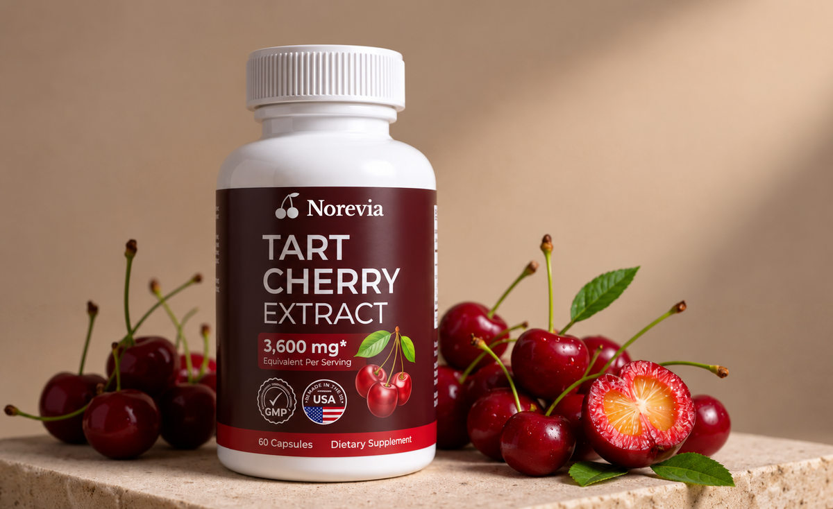 Norevia Tart Cherry Extract bottle surrounded by fresh tart cherries.